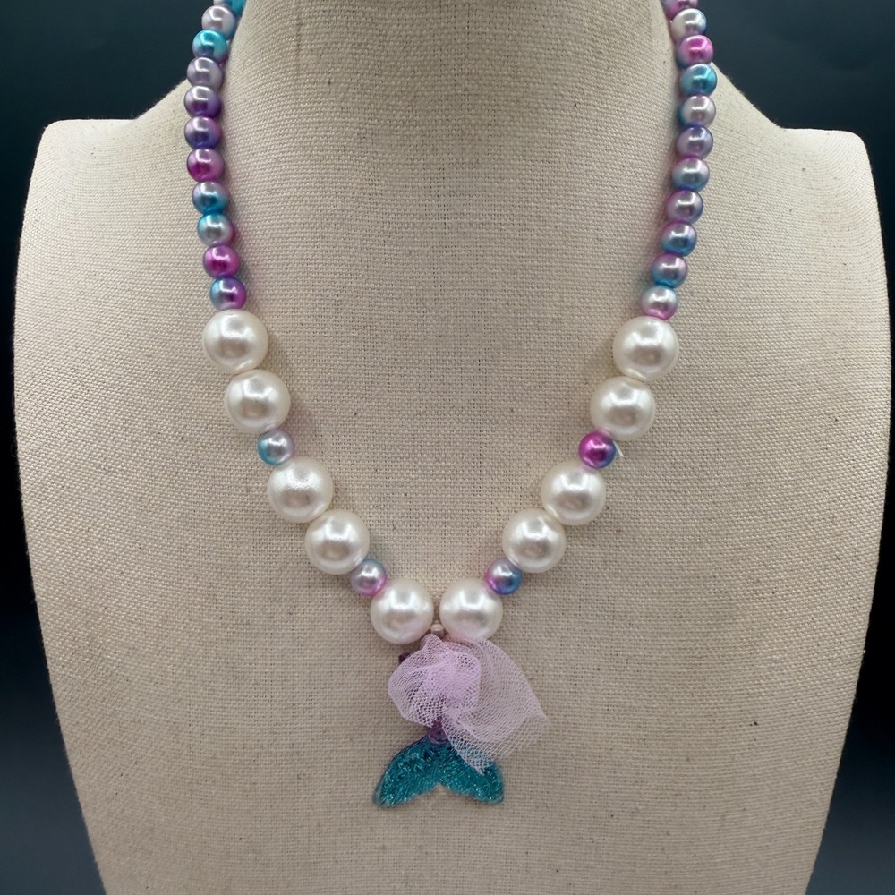 Mermaid Tail Faux Pearl Beaded Necklace Pink Blue Coquette Y2K Fantasy Statement